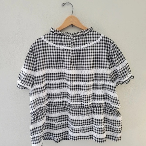 J Crew Gingham Check Daisy Lace Peplum Puff Sleeve Black White Top Size 2X - Picture 5 of 12